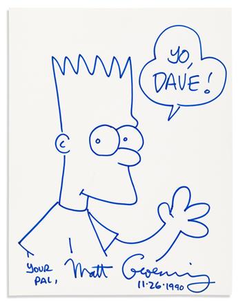 (COMICS.) Three items: Matt Groening. Ink drawing Signed, showing Bart Simpson * Bobby London. Ink drawing Signed, showing Popeye * Por